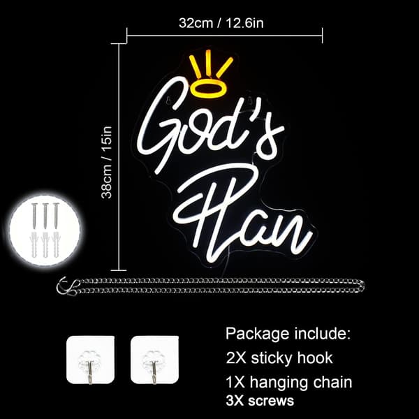 God's Plan Neonskylt, Vita LED-neonskyltar för väggdekor, USB-driven bokstav Neonskyltar för sovrum Vardagsrum Bar Bröllopsfest Dekoration 32x38cm