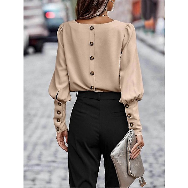 Langermet skjorte for kvinner Rund hals Ensfarget Lett Tunika Topper Bluse XL