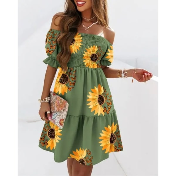 Sexig Off Shoulder Mini Klänning Dam Sommar Lös Boho Print Festklänning green M