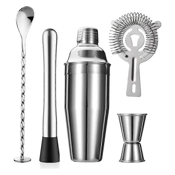 5-delt Cocktail Shaker Sett Sil Jigger T-Mikseskje Muddler Bartender Kit Rustfritt Stål Barsett