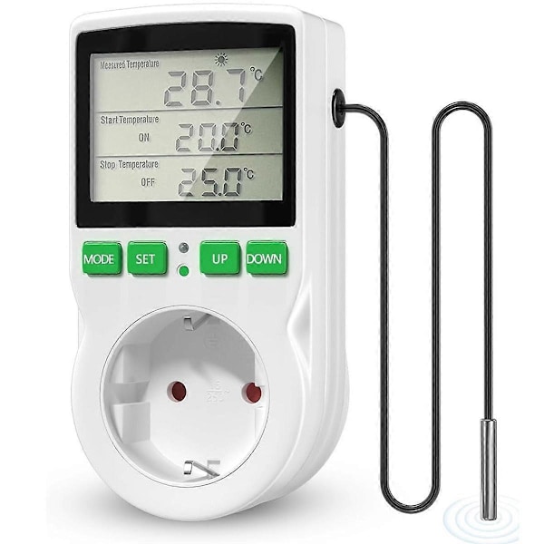 Termostatkontakt Digital Temperaturkontrollerkontakt 16A, LCD-skjerm Varme og Kjøling Reptiltermostat EU-plugg