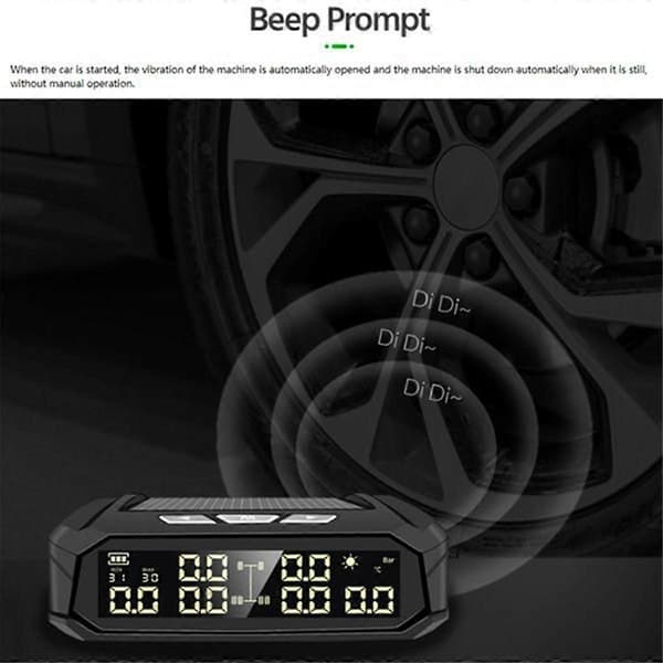 Bil TPMS Däcktrycksövervakningssystem Solenergi Digital Display Auto Säkerhetslarmsystem med 4 Interna Sensorer