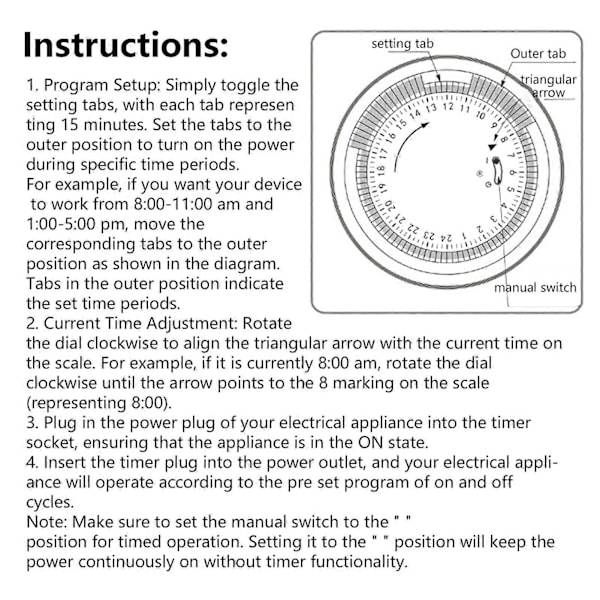 Mekanisk tidsbryter for stikkontakt, 24 timers syklus, 3-pins, 2 moduser, lysindikator, plugg inn elektrisk timer for lys