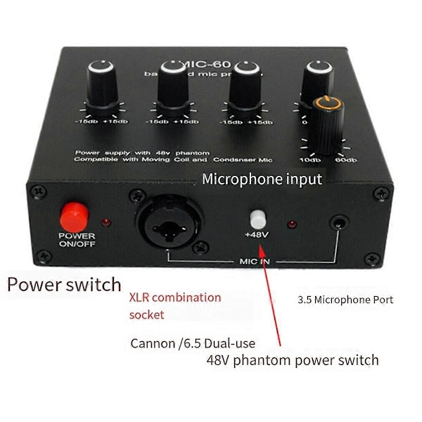 Balanserad Dynamisk Mikrofonförstärkare Musik Ljudförstärkare MIC-60 med 48V Fantommatning med 3,5mm Kabel