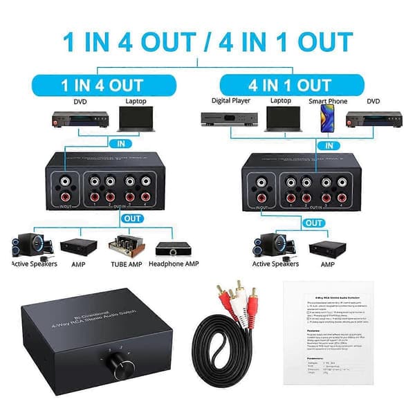 4 Porte Bi-Directionel R L RCA Audio Switch Box Audio Rotary Switch Plug and Play Audio Splitter til TV Spillekonsol
