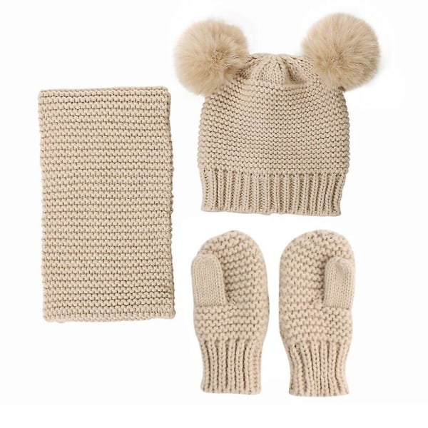 Barn Mössa Halsduk Vantar Set Pom Pom Varm Vinter Stickad Mössa Vantar Pink