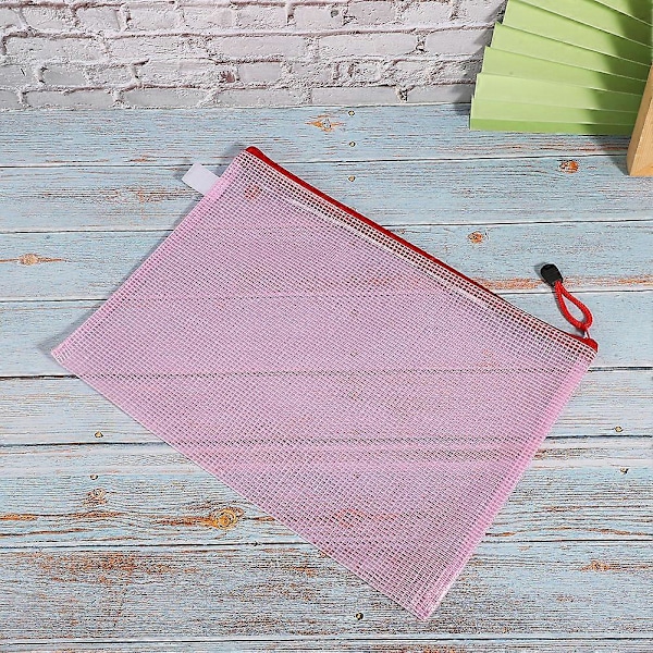 10 stk. Mesh Glidelåspose A4 Filmappe PVC Transparent Informasjonspakke Dokumentorganisator Lys Rosa