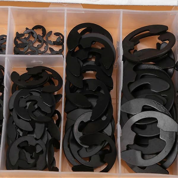 300st Svarta Metall E-Clip E-Ring Axel Låsringar Sortiment 3mm-22mm med Låda