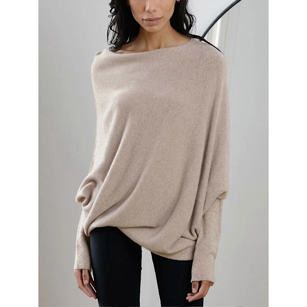 Asymmetrisk drapert genser, en genser så myk som skyene, dame langermet slouch batwing ensfarget myk strikket genser beige