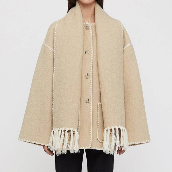 Mode Single-breasted Tassel Scarf Kavaj Fritids Tjock Långärmad Kavaj För Höst Vinter Khaki L