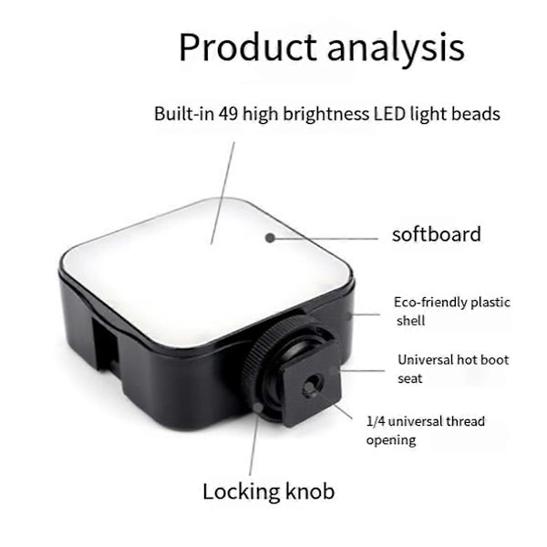 49 LED 5W Mini LED Videovalo Valokuvaus 6500K Täyttövalo Himmennettävä Salamakengän Kiinnityssovitin Universaalille Kameralle