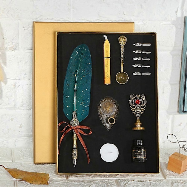 Kalligrafipenna Bläckset Vintage Fjäderpenna Dopppenna Skrivbläck Nibbsats med Sigillstämpel Vaxsigillpinnar (Svart)