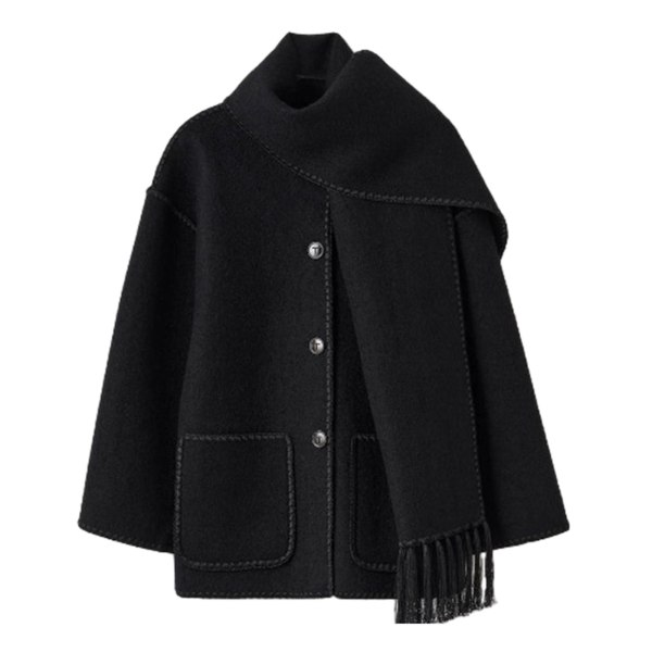 Mode Single-breasted Tassel Scarf Kavaj Fritids Tjock Långärmad Kavaj För Höst Vinter Black L