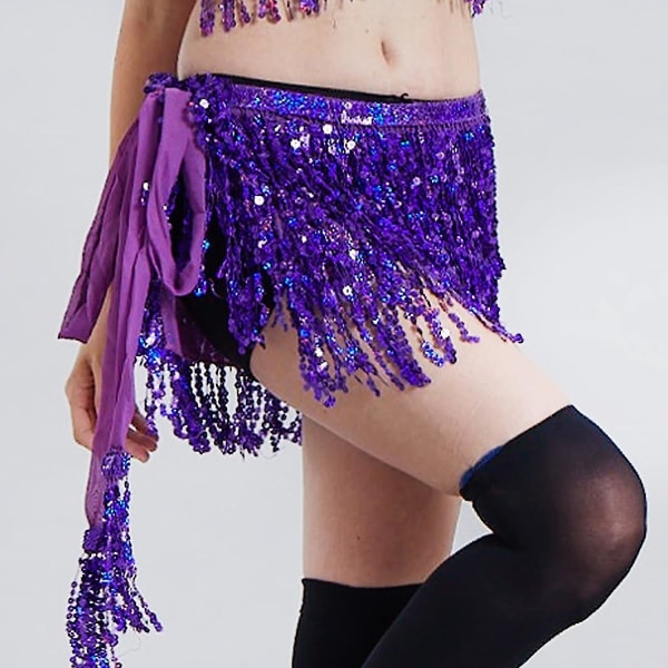 Damkjol med paljetter med tofs Glitter Magdans Hip Scarf Wrap Party Kostym Purple