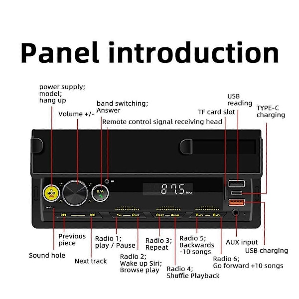 Yksittäinen Din-autostereosoitin MP3-soitin Radiovastaanottimet Audio Bluetooth-handsfree USB FM AUX -liitännällä ja puhelinpidikkeellä