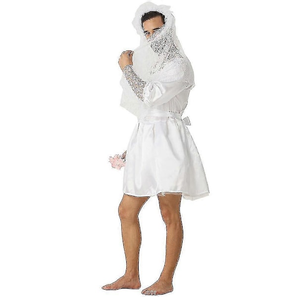 Rolig Brud Kostym Män Halloween Kostym Vuxna Sexig Bröllopsklänning Spets Slöja Brudgum Cosplay Karneval Party Outfit