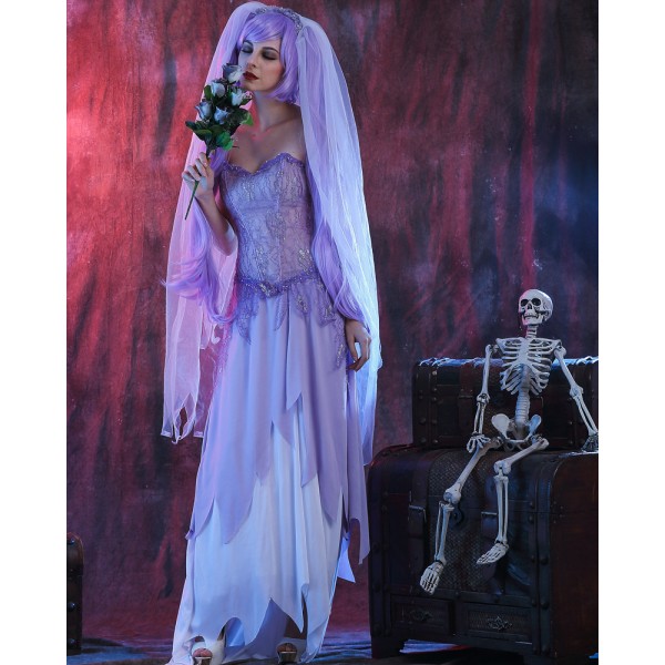 Halloween spöke brud kostym bröllopsklänning skräckkläder kvinnlig zombie kostym kostym sexig lång kjol L