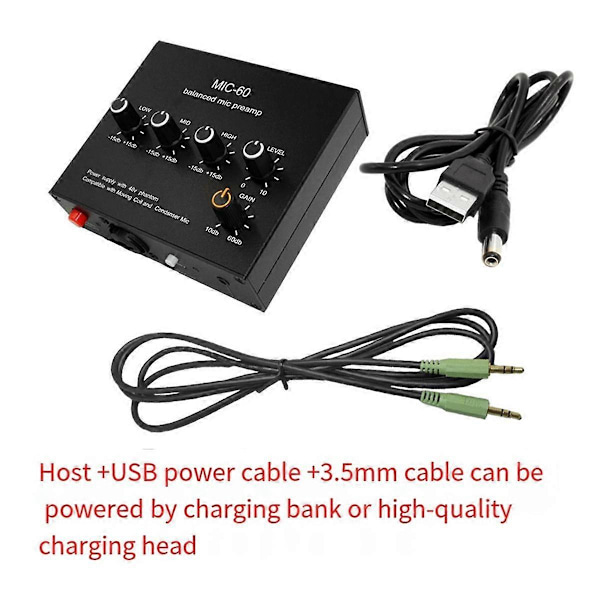 Balanserad Dynamisk Mikrofonförstärkare Musik Ljudförstärkare MIC-60 med 48V Fantommatning med 3,5mm Kabel