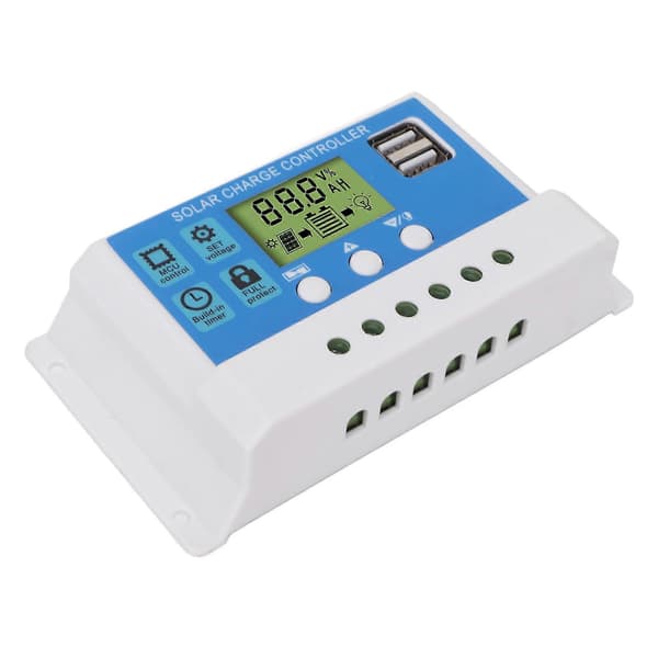 PWM Solarladdningsregulator Panel Intelligent Regulator Justerbar LCD-skärm 2 USB-portar 12V 24V Vit 10A