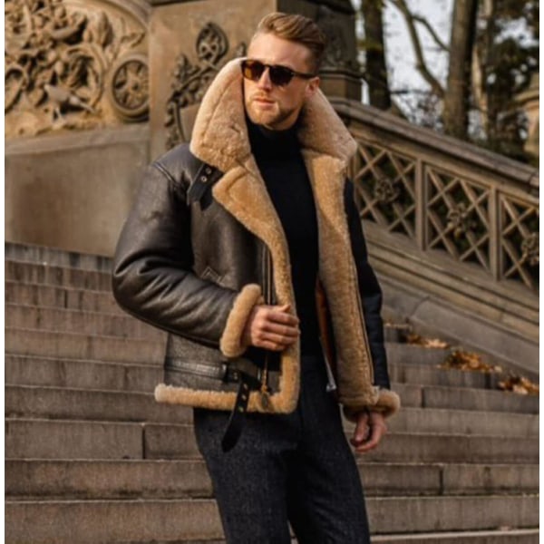 Herr Kamel Snygg Flygarläderjacka, Slim Fit Shearling Aviator Bomber Jacka 5XL