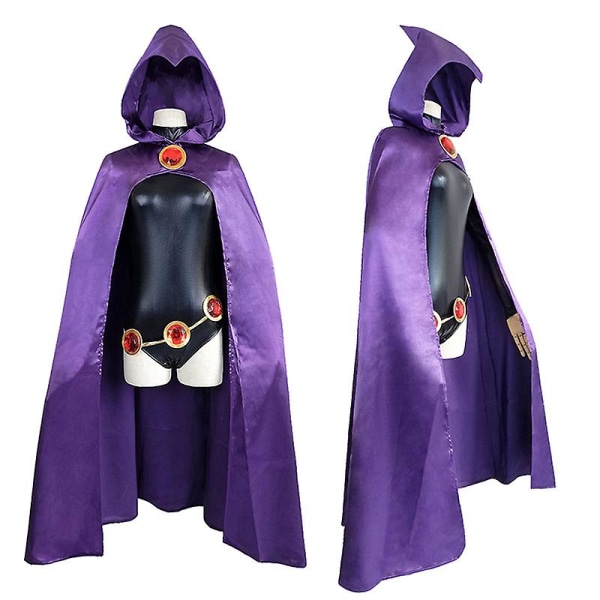 Teen Titans Raven Cosplay kostym Superhjältemantel Jumpsuits Zentai Halloween tighta kläder + Cape + midja smyckekedja M