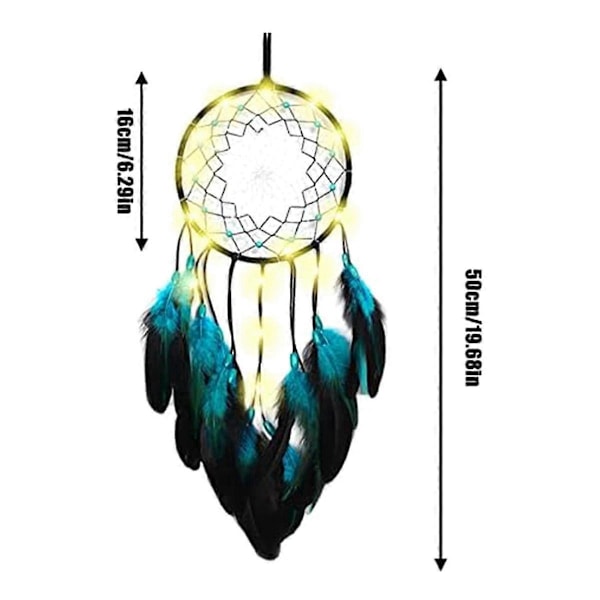 1 Sæt Drømmefanger Blåt Træ med Fjer med LED Lampe, Håndlavede Indiansk Traditionel Cirkulær Net til Vægophæng Deco