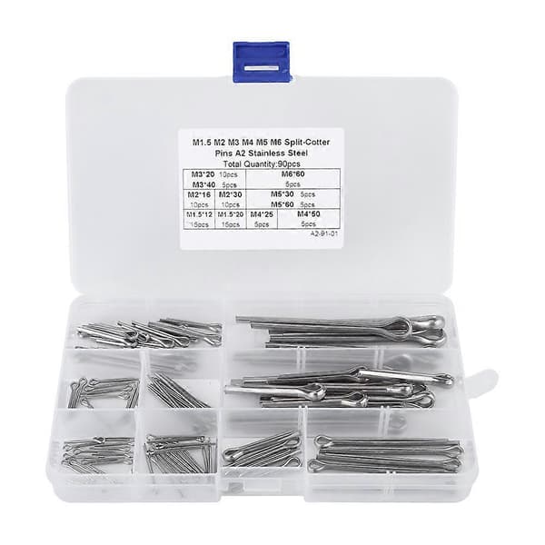 90 stk. 11 typer M1.5 M2 M3 M4 M5 M6 Splittpinner Sortiment med etui