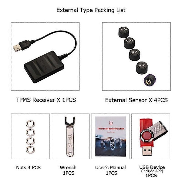 USB Eksternt Dæktryksovervågningssystem TPMS med 5 Sensorer og Realtidsvisning til Android Navigation