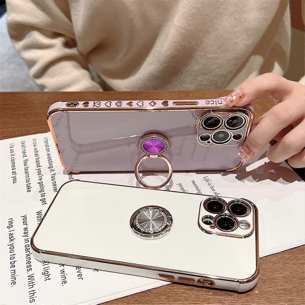 Kompatibel med iPhone 14/14 Pro/14 Pro Max Deksel med Ring, Deksel med Ringholder Stativ Luksus Glitter Plating Gullkant black