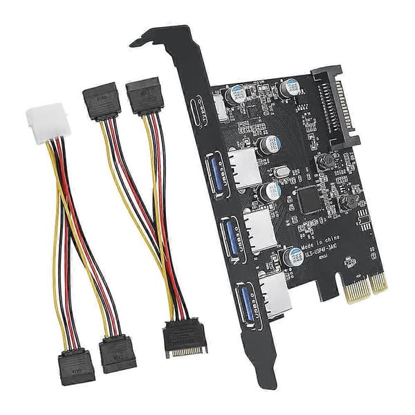 3A1C PCI-E til USB 3.0 4-Port(1XUSB-C-3XUSB-A) Udvidelseskort, med 15-Pin SATA Strømstik, Egnet til Windows