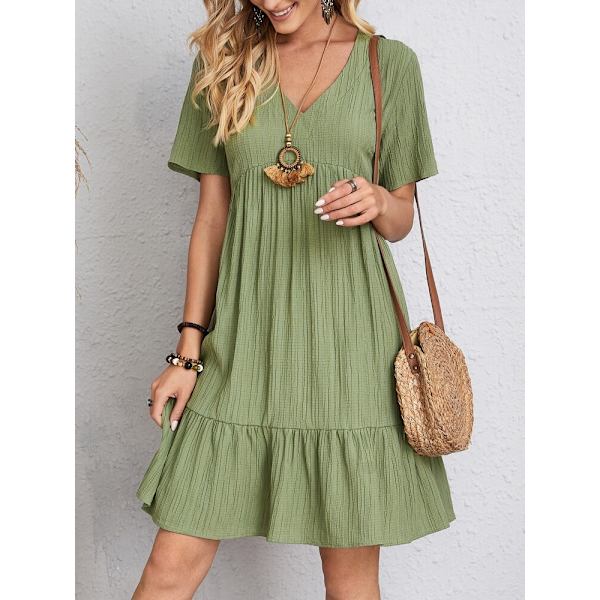 Dam Vintage Mini Klänning Sommar Mode Enfärgad V-ringad Lös Knytklänning EA04632-Green S