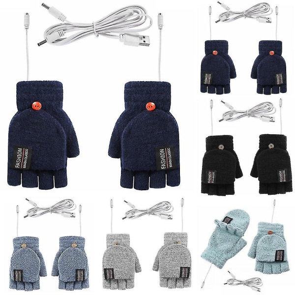 Vinter USB Elektrisk Uppvärmd Vante Uppladdningsbara Handskar Hel & Halv Finger Värmare Navy Blue