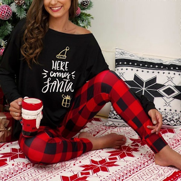 Dame Lounge Sett En Skulder Lange Ermer Juleprint Rutete Bukser Pyjamas Sett for Hverdagsbruk Svart L