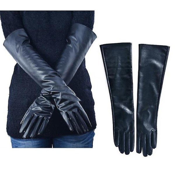 Kvinnor Långa Läderhandskar Full Finger Winter Armbow Opera Damhandskar Black 40cm
