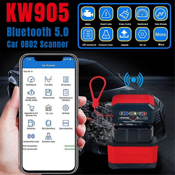 KW905 V1.5 OBD2 Skanner Bluetooth 5.0 för Android/IOS Bil Diagnostikverktyg Felkodsläsare B
