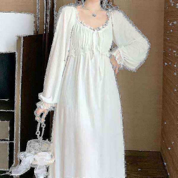 Prinsesse Vintage Hvit Farge Lange Ermer Nattkjole Dame Høst Ren Bomull Lang Nattkjole Jenter Hjemmekjole XXL