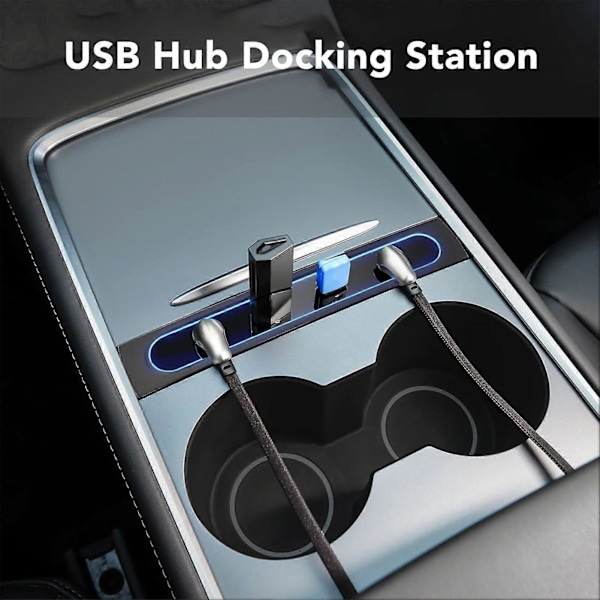 Centerkonsol USB Hub Dockningsstation 4 i 1 USB LED Hub Multiport Laddare Driven Splitter Ersättning för Tesla 3 Y 2021 och senare