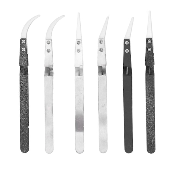 6 stk. Anti-magnetisk loddetang, spiss, buet, rustfritt stål, keramisk, varmebestandig tangsett for