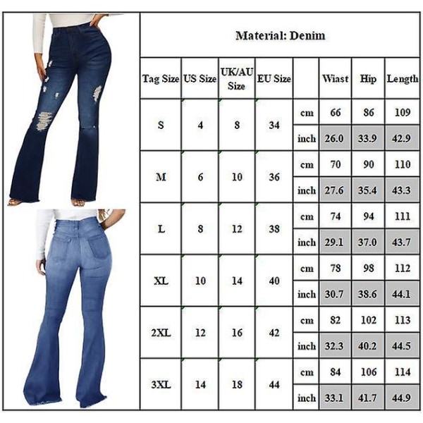Kvinnor Ripped Jeans Slim Fit Denim utsvängda byxor Casual Stretch långa byxor Dark Blue L