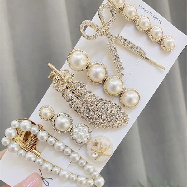 6 st/set Eleganta Faux Pearl Sax Fjäderform Hårklämma Barrettes Ornament Qinhai