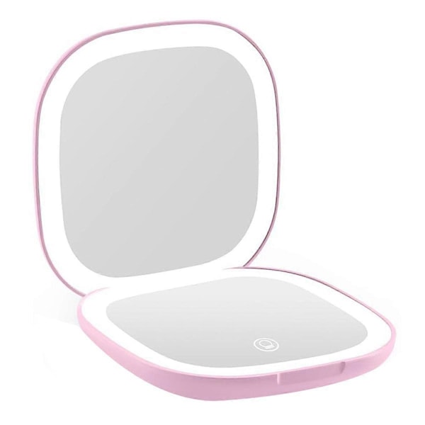 Ficksminkspegel med LED-ljus, 3,5 tum, 10x förstoring, dubbelsidig, uppladdningsbar, pekskärm, rosa