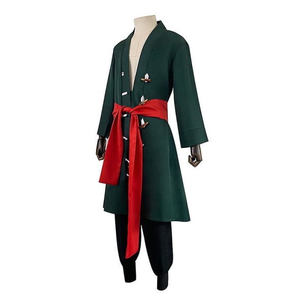 Japansk Anime Roronoa Zoro Cosplay Kostym Halloween Robe Full Set Kerchief Peruk Kappa Byxor Ärmar Bälte Grön Kimono XL