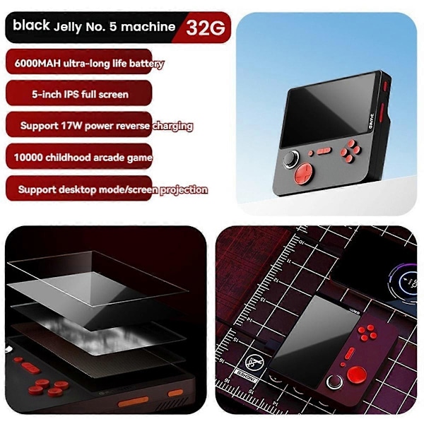 E5 Handhållen Videospelskonsol 32G 10000 Spel 5-tums HD Retro Spelkonsol 6000mAh Stödjer 13 Emulatorer Svart