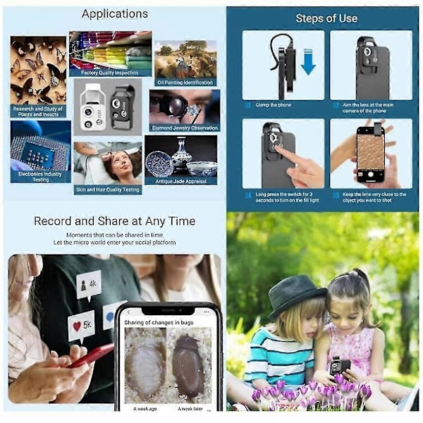 200x Mobil Kamera Forstørrelsesglas Universal Mini Mobiltelefon Linse Optisk Zoom Forstørrelses Mikroskop 24X Magnifier
