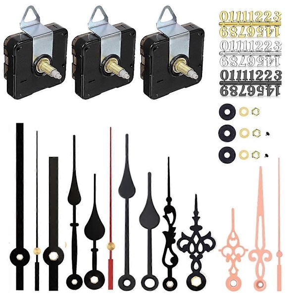 6 Set Kvarts Klockurverk Delar med 10 Set Visare Innehåller Siffer-kit för Klockreparation Reservdelar