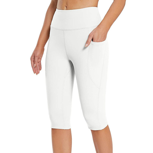 Tflycq Knälånga leggings för damer, hög midja, yoga, träning, capribyxor för avslappnad sommar med fickor White M