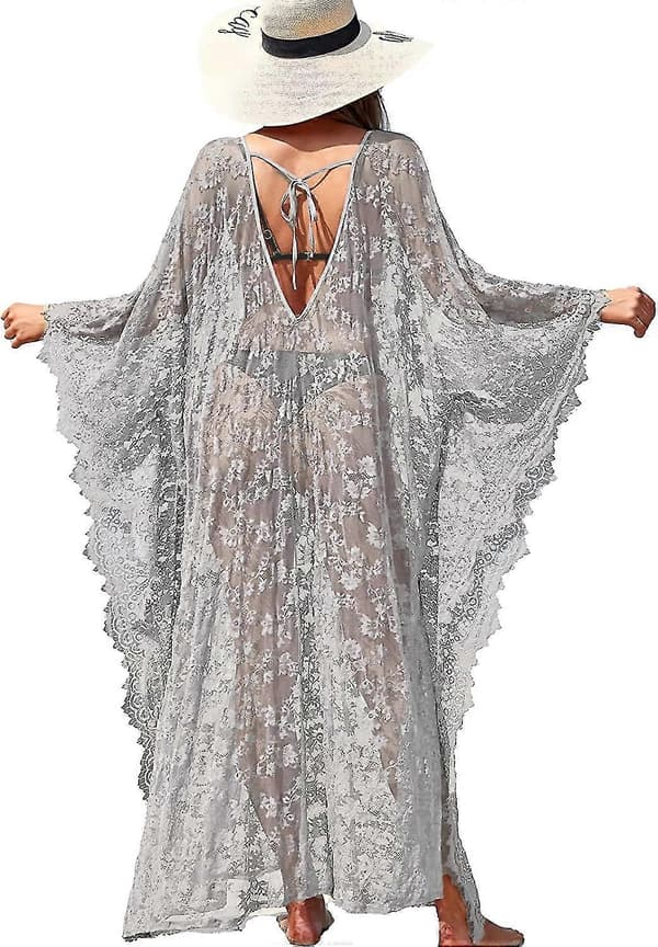 Strandkjole Boho Blonde Kimono Plus Size Bikini Morgenkåbe Badedragt Til Kvinder Ensfarvet Gray