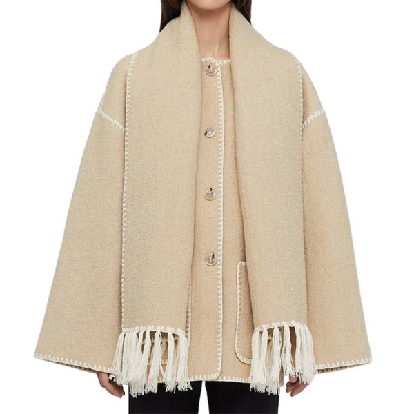 Mode Single-breasted Tassel Scarf Kavaj Fritids Tjock Långärmad Kavaj För Höst Vinter Khaki L