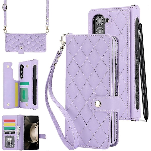 För Samsung Galaxy Z Fold 6 Plånboksfodral med S Pen-hållare, Crossbody-snodd & Handledsrem, Stöttåligt Stilrent Skyddsfodral Purple