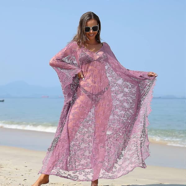 Strandklänning Boho Spets Kimono Plus Size Bikini Morgonrock Baddräkt för Kvinnor Enfärgad Plum